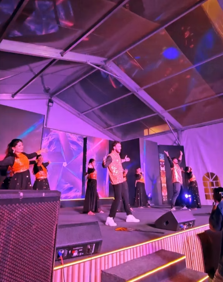 Live dance performance under purple stage lights
